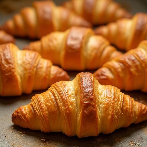 Frisch gebackene, goldbraune Croissants auf einem Backblech